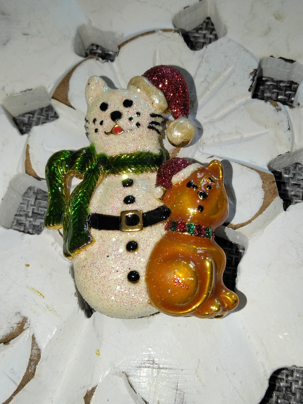 Cute Glitter Cat & Cat Snowman Pin - Festive Holiday Colors